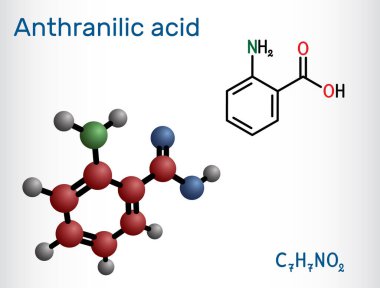 Anthranilic asit molekülü. Bu aminobenzoik aromatik asit. Yapısal kimyasal formül ve molekül modeli. Vektör illüstrasyonu