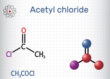 Asetil klorür molekülü. Bu asil klorür, asil halid. Kafesteki bir kağıt parçası. Yapısal kimyasal formül, molekül modeli. Vektör illüstrasyonu