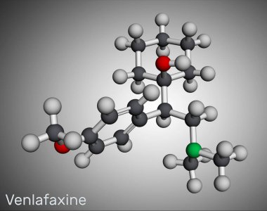 Venlafaxine antidepresan ilaç molekülü. Büyük bir depresyon tedavisinde kullanılır. Moleküler model. 3 boyutlu görüntüleme. Görüntü