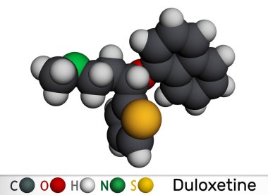 Duloxetine antidepresan ilaç molekülü. Anksiyete bozukluğu, nöropatik ağrı ve osteoartrit tedavisinde kullanılır. Moleküler model. 3 boyutlu görüntüleme. Görüntü
