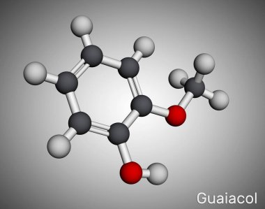 Guaiacol molekülü. Pıhtılaştırıcı, dezenfektan, bitki metaboliti. Odun dumanında. Moleküler model. 3 boyutlu görüntüleme. Görüntü