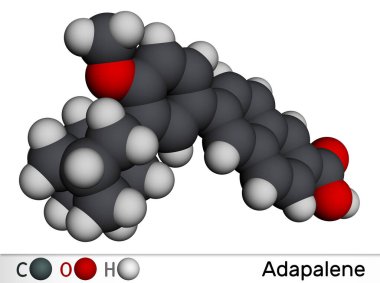 Adapalen molekülü. Akne vulgarisi tedavisinde kullanılan üçüncü nesil anti-kodojenik, komedisit, iltihap önleyici retinoid. Moleküler model. 3 boyutlu görüntüleme. Görüntü
