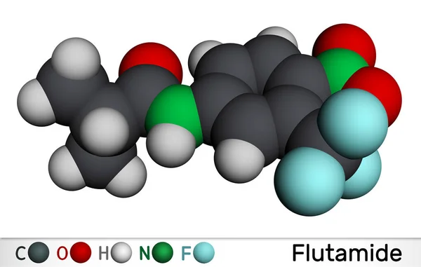 stock image Flutamide molecule. It is is antiandrogen used for locally confined stage B2-C and D-2 metastatic prostate carcinoma. Molecular model. 3D rendering. Illustration