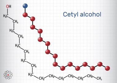 Çetil alkol, palmitil alkol molekülü. Kozmetik endüstrisinde, ilaç hazırlıklarında kullanılır. Yapısal kimyasal formül, molekül modeli. Kafesteki bir kağıt parçası. Vektör illüstrasyonu