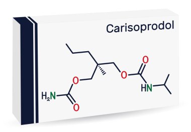 Carisoprodol molekülü. Kas gevşetici, ağrılı kas iskeleti koşullarında kullanılır. İskelet kimyasal formülü. Uyuşturucu için kağıt ambalaj. Vektör illüstrasyonu