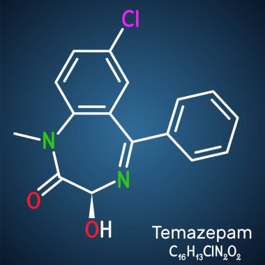 Temazepam ilaç molekülü. Benzodiazepin. Panik bozukluklarını, şiddetli anksiyete ve uykusuzluk tedavisinde kullanılır. Koyu mavi arkaplanda yapısal kimyasal formül. Vektör illüstrasyonu