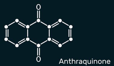 Antrakinon, antrakenedion ya da dioksoantraken molekülü. Aromatik organik bileşik, quinone sınıfı. Koyu mavi arka planda iskelet kimyasal formül. Görüntü