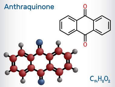 Antrakinon, antrakenedion ya da dioksoantraken molekülü. Aromatik organik bileşik, quinone sınıfı. Yapısal kimyasal formül, molekül modeli. Vektör illüstrasyonu