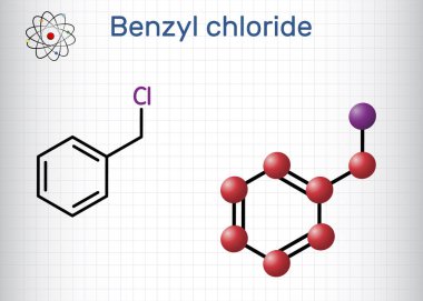 Benzil klorür, alfa-klorojen molekülü. Fotografik geliştirici olarak boya, ilaç ürünleri imalatında kullanılır. Kafesteki bir kağıt parçası. Vektör illüstrasyonu