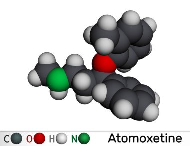 Atomoxetine molekülü. Dikkat Eksikliği Hiperaktivite Bozukluğu Hiperaktivite Bozukluğu yönetiminde kullanılır. Moleküler model. 3 boyutlu görüntüleme. Görüntü