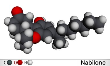 Nabilon molekülü. Antiemetik ilaç olarak kullanılan sentetik bir cannabinoid. Moleküler model. 3 boyutlu görüntüleme. Görüntü