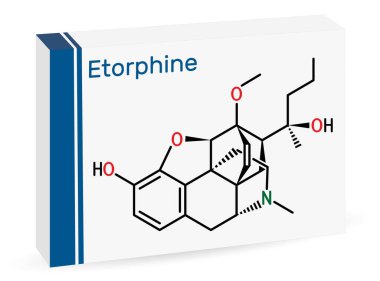 Etorfin, M99 molekülü. Morfin alkaloit, opioid analjezik, sadece veterinerlik için sakinleştirici. İskelet kimyasal formülü. Uyuşturucu için kağıt ambalaj. Vektör illüstrasyonu