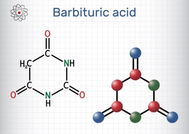 Barbiturik asit, malonylurea veya 6-hidroksiyurasil molekülü. Yatıştırıcı ilaçların ebeveyn bileşimi. Yapısal kimyasal formül, molekül modeli. Kafesteki bir kağıt parçası. Vektör illüstrasyonu