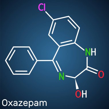 Oxazepam molekülü. Panik bozukluklarını tedavi etmek için kullanılan benzodiazepin, şiddetli endişe ve uykusuzluk. Koyu mavi arkaplanda yapısal kimyasal formül. Vektör illüstrasyonu