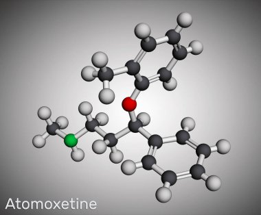 Atomoxetine molekülü. Dikkat Eksikliği Hiperaktivite Bozukluğu Hiperaktivite Bozukluğu yönetiminde kullanılır. Moleküler model. 3 boyutlu görüntüleme. Görüntü