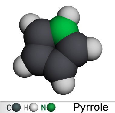 Pyrrol molekülü. Heteroseklik aromatik bileşiktir, doğal ürün, café arabica 'da bulunur. Moleküler model. 3 boyutlu görüntüleme. Görüntü
