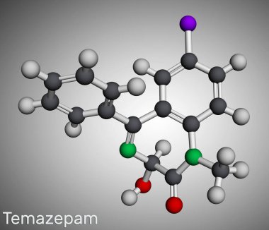 Temazepam ilaç molekülü. Bu benzodiazepin, panik bozukluklarının tedavisinde kullanılır, şiddetli anksiyete, uykusuzluk, moleküler model. 3 boyutlu görüntüleme. Görüntü