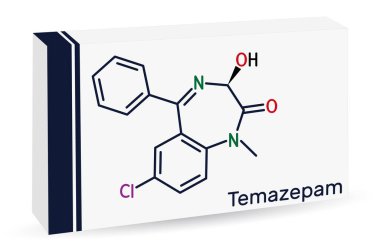 Temazepam ilaç molekülü. Benzodiazepin, panik bozukluklarının tedavisinde kullanılır, şiddetli anksiyete, uykusuzluk, iskelet kimyasal formül. Uyuşturucu için kağıt ambalaj. Vektör illüstrasyonu