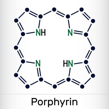 Porfin ya da Porphyrin, porfirin molekülü üyesi. Hemoglobin ve sitokrom kofaktörü olarak makrosiklik aromatik bileşikler sınıfıdır. İskelet kimyasal formülü. Vektör illüstrasyonu