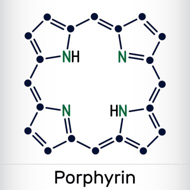 Porphine or Porphyrin, member of porphyrins molecule. It is class of macrocyclic aromatic compounds, as heme cofactor of hemoglobin, cytochromes. Skeletal chemical formula. Vector illustration clipart