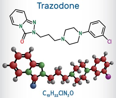 Trazodone molekülü. Büyük depresif bozuklukların tedavisinde kullanılan bir antidepresan. Yapısal kimyasal formül, molekül modeli. Vektör illüstrasyonu