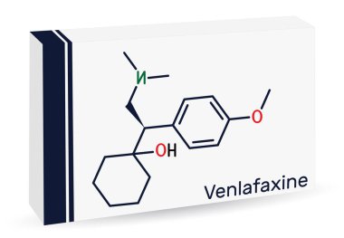 Venlafaxine antidepresan ilaç molekülü. Büyük bir depresyon tedavisinde kullanılır. İskelet kimyasal formülü. Uyuşturucu için kağıt ambalaj. Vektör illüstrasyonu