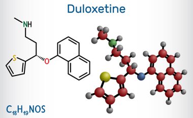 Duloxetine antidepresan ilaç molekülü. Anksiyete bozukluğu, nöropatik ağrı ve osteoartrit tedavisinde kullanılır. Yapısal kimyasal formül ve molekül modeli. Vektör illüstrasyonu