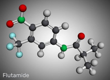 Flutamit molekülü. B2-C ve D-2 metastatik prostat kanserinde kullanılan bir antiandrojendir. Moleküler model. 3 boyutlu görüntüleme. Görüntü