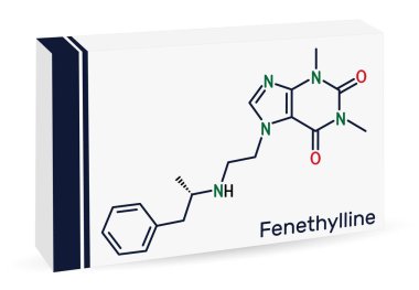 Fenethylline, phenethylline, amfetyline, fenetilline molekülü. Psikostimülan, narkotik, amfetamin ve teofilin ilacıdır. İskelet kimyasal formülü. Uyuşturucu için kağıt ambalaj. Vektör illüstrasyonu