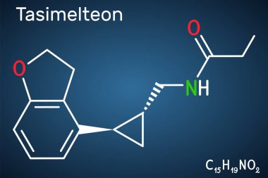 Tasimelteon molekülü. Uyku bozukluğu ilacı. Koyu mavi arkaplanda yapısal kimyasal formül. Vektör illüstrasyonu