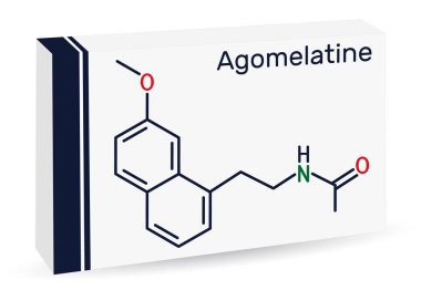 Agomelatin molekülü. Büyük depresif bozuklukları tedavi etmek için kullanılan atipik bir antidepresan. İskelet kimyasal formülü. Uyuşturucu için kağıt ambalaj. Vektör illüstrasyonu