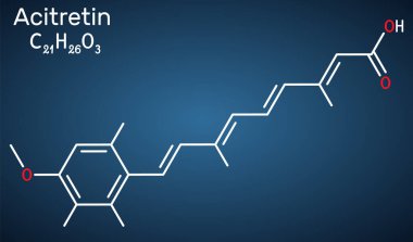 Acitretin molekülü. Sedef hastalığının tedavisinde kullanılan retinoid. Koyu mavi arkaplanda yapısal kimyasal formül. Vektör illüstrasyonu