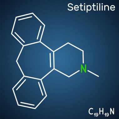 Ditiptiline molekül. Tetrasiklik antidepresan TeCA. Koyu mavi arkaplanda yapısal kimyasal formül. Vektör illüstrasyonu