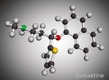 Duloxetine antidepresan ilaç molekülü. Anksiyete bozukluğu, nöropatik ağrı ve osteoartrit tedavisinde kullanılır. Moleküler model. 3 boyutlu görüntüleme. Görüntü
