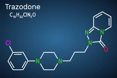 Trazodone molekülü. Büyük depresif bozuklukların tedavisinde kullanılan bir antidepresan. Koyu mavi arkaplanda yapısal kimyasal formül. Vektör illüstrasyonu
