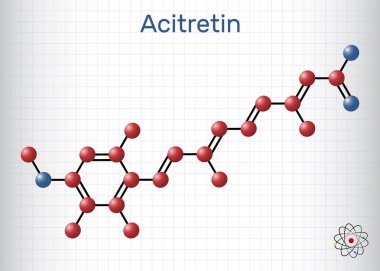 Acitretin molekülü. Sedef hastalığının tedavisinde kullanılan retinoid. Yapısal kimyasal formül ve molekül modeli. Kafesteki bir kağıt parçası. Vektör illüstrasyonu