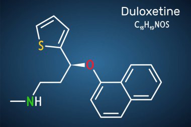 Duloxetine antidepresan ilaç molekülü. Anksiyete bozukluğu, nöropatik ağrı ve osteoartrit tedavisinde kullanılır. Koyu mavi arkaplanda yapısal kimyasal formül. Vektör illüstrasyonu