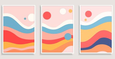 Üç renkli poster, romantik manzara tarzında minimalist tablolar. Vektör illüstrasyonu