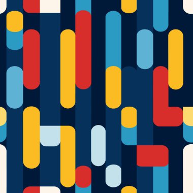 Geometrik soyut sanat, kırmızı, mavi ve sarı renkli tüpler. Kusursuz desen. Vektör illüstrasyonu