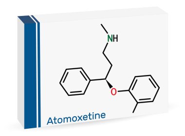 Atomoxetine molekülü. Dikkat Eksikliği Hiperaktivite Bozukluğu Hiperaktivite Bozukluğu yönetiminde kullanılır. İskelet kimyasal formülü. Uyuşturucu için kağıt ambalaj. Vektör illüstrasyonu