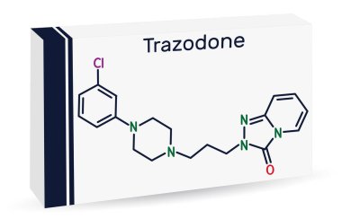 Trazodone molekülü. Büyük depresif bozuklukların tedavisinde kullanılan bir antidepresan. İskelet kimyasal formülü. Uyuşturucu için kağıt ambalaj. Vektör illüstrasyonu