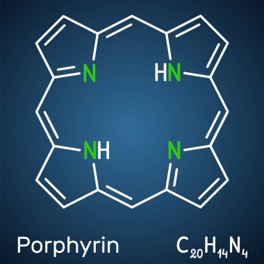Porfin ya da Porphyrin, porfirin molekülü üyesi. Hemoglobin ve sitokrom kofaktörü olarak makrosiklik aromatik bileşikler sınıfıdır. Koyu mavi arka plan. Vektör illüstrasyonu
