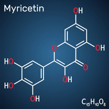 Myricetin molekülü. Doğal ürün, flavonoid. Koyu mavi arkaplanda yapısal kimyasal formül. Vektör illüstrasyonu