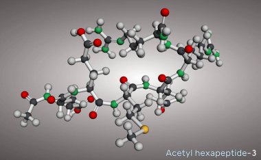 Asetil hexapeptid-3, asetil hexapeptit-8. Argireline molekülü. Peptide, SNAP-25 'in bir parçası, botulinum toksini. Moleküler model. 3 boyutlu görüntüleme. Görüntü