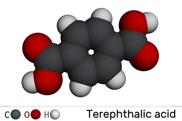 Terephthalic acid molecule. It is benzenedicarboxylic acid, precursor to the polyester PET. Molecular model. 3D rendering. Illustration