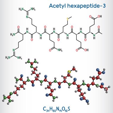 Asetil hexapeptid-3, asetil hexapeptit-8, argirlin molekülü. Peptide, SNAP-25 'in bir parçası, botulinum toksini. Yapısal kimyasal formül, molekül modeli. Vektör illüstrasyonu