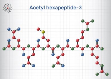 Asetil hexapeptid-3, asetil hexapeptit-8, argirlin molekülü. Peptide, SNAP-25 'in bir parçası, botulinum toksini. Kafeste bir yaprak kağıt. Vektör illüstrasyonu