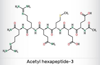 Acetyl hexapeptide-3, acetyl hexapeptide-8, argireline molecule. Peptide, fragment of SNAP-25, a substrate of botulinum toxin. Skeletal chemical formula. Vector illustration clipart