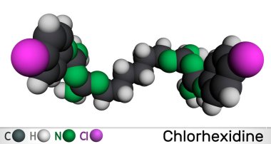 Klorhexidine dezenfektan ve antiseptik ilaç molekülü. Moleküler model. 3 boyutlu görüntüleme. Görüntü
