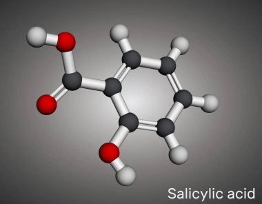 Salisilik asit molekülü. Kozmetik ürünlerinde, ilaç üretiminde kullanılır. Moleküler model. 3 boyutlu görüntüleme. Görüntü